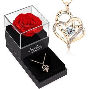 Preserved Red Rose with I Love You Necklace - Perfect Christmas Gifts Birthday G